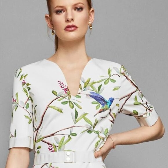 Ted Baker EVRELY HIGHGROVE Hummingbird Branch Blossom Sheath Midi Dresss, TD 0 - Picture 11 of 16